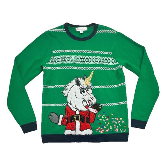 Joy Sweaters Other - Joy Sweaters Ugly Christmas Sweater Adult L Green Knit Holiday Unicorn Candy